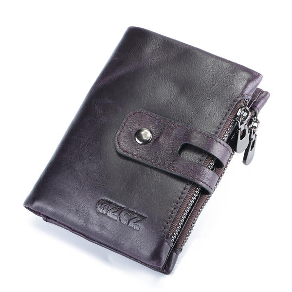 Men Women Retro Genuine Leather Tri-fold Wallet Card Holder Double Zipper