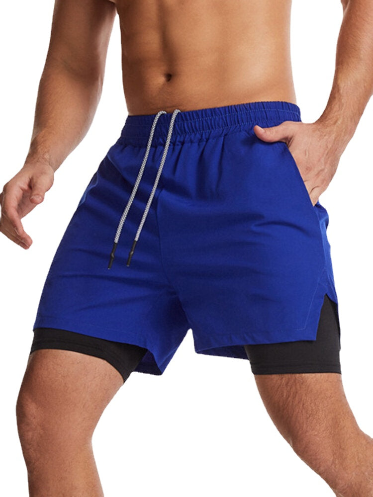 Men Solid Color Quick Dry Sports Running Casual Stretch Double Layered Board Shorts