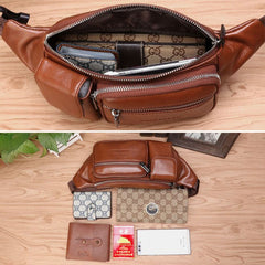 Men Genuine Leather Multifunction Front Flap-Over Zipper Pocket Chest Bag Retro Large Capacity Casual Crossbody Bags Shoulder