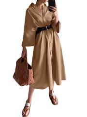 Solid Loose Belt Button Long Sleeve Lapel Shirt Dress