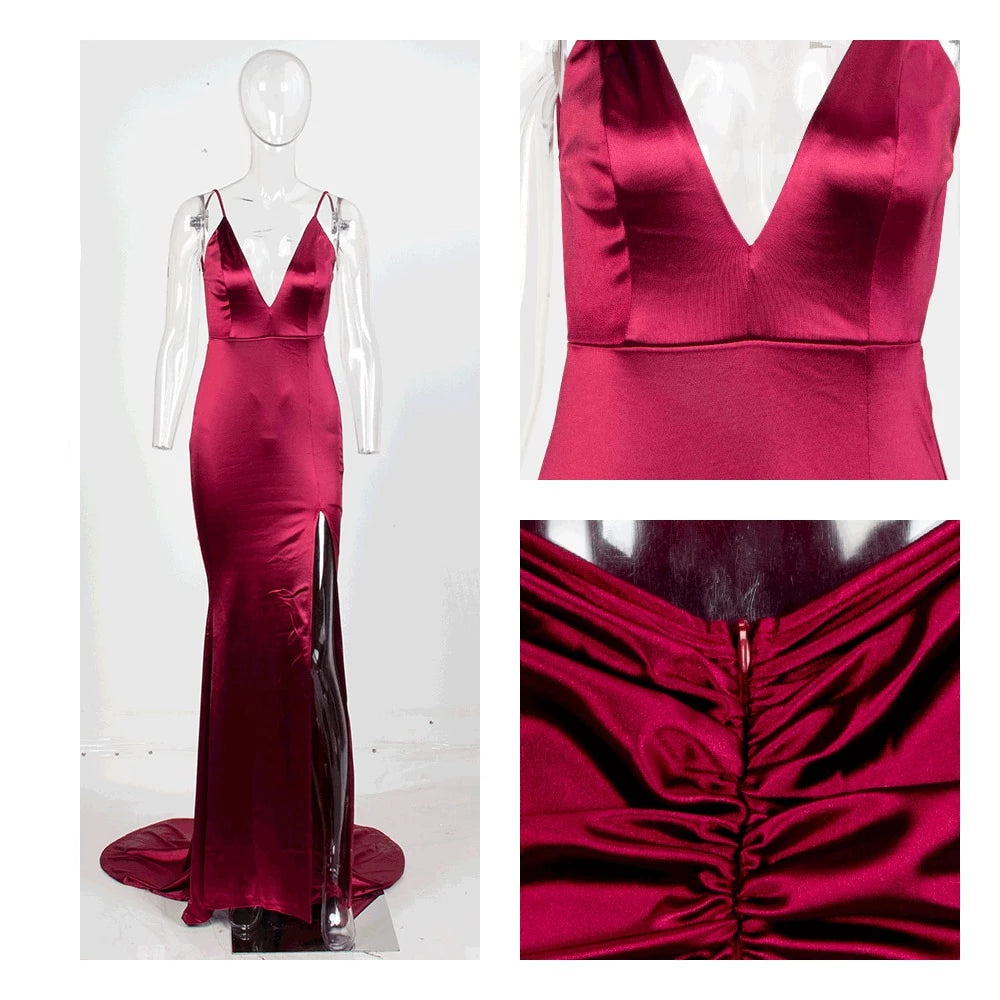 Love&Lemonade  Sexy Deep V-Neck Burgundy Cut Out Sling Open Back Bodycon Long Dress  LM81222-1