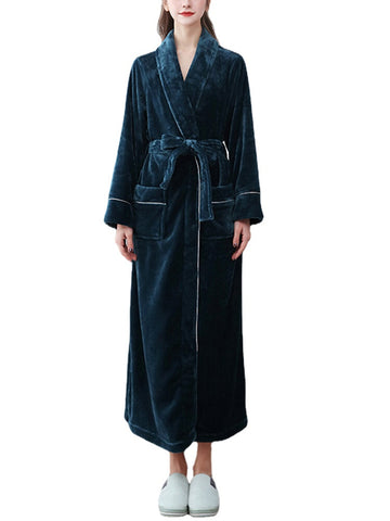 Women Cozy Flannel Long Sleeve Double Pocket Sashes Home Sleepwear Robes