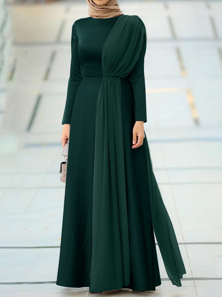 Solid Color Long Sleeve O-neck Mesh Patchwork Maxi Dress