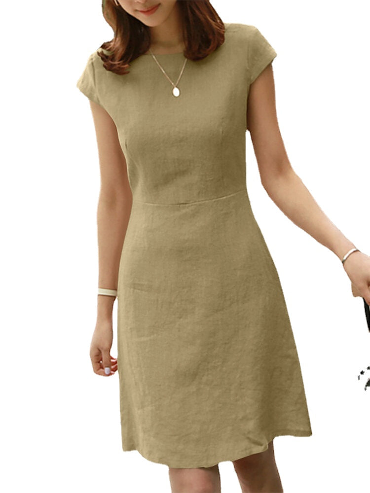 Invisible Zip Solid Short Sleeve Crew Neck Casual Dress