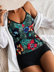 Women Tropical Leaves Pattern Wireless Padded V Neck Bikinis Swimsuits