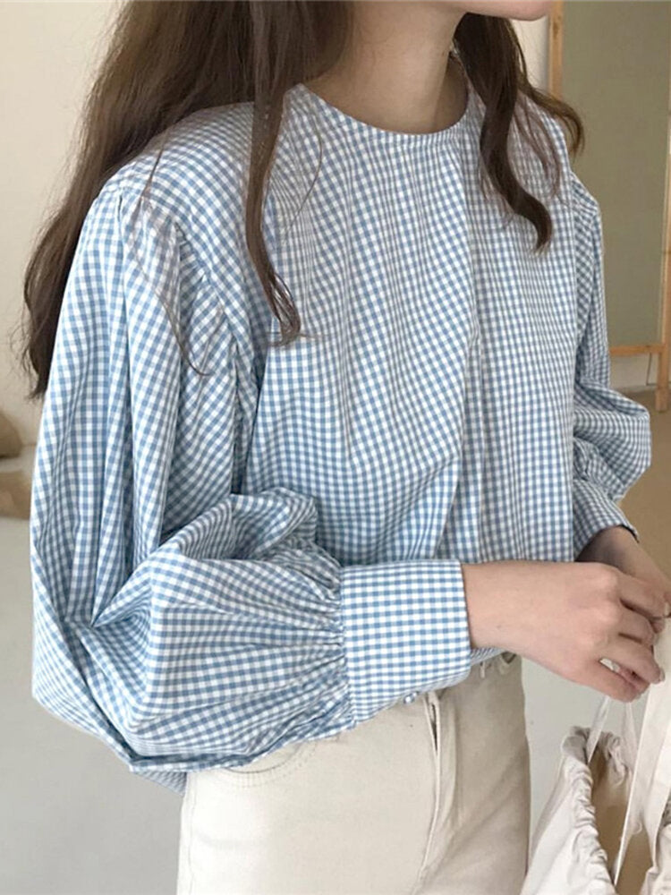 Puff Sleeve O-Neck Plaid Casual Loose Blouse For Women