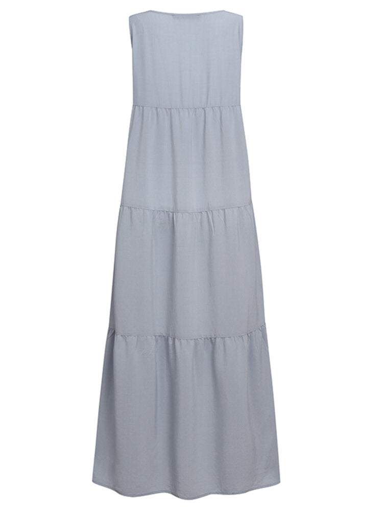 Solid Color O-neck Sleeveless Ruffles Hem Pleated Maxi Dress