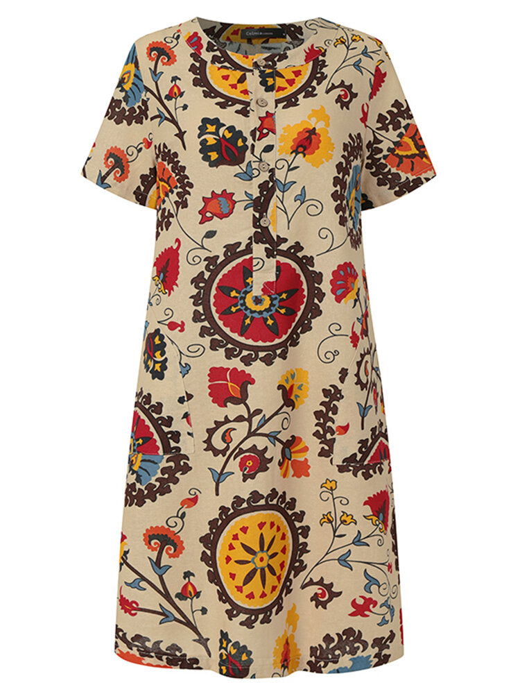 Women Ethnic Style Floral Print Short Sleeve Half Button Front Vintage Dresses