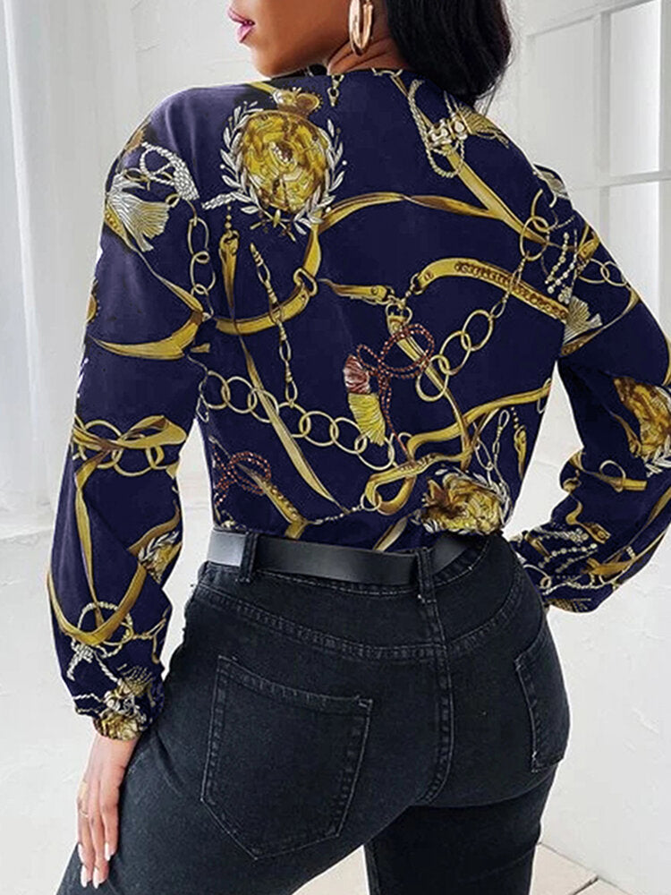 Chain Print Cowl Neck Puff Long Sleeve Women Blouse