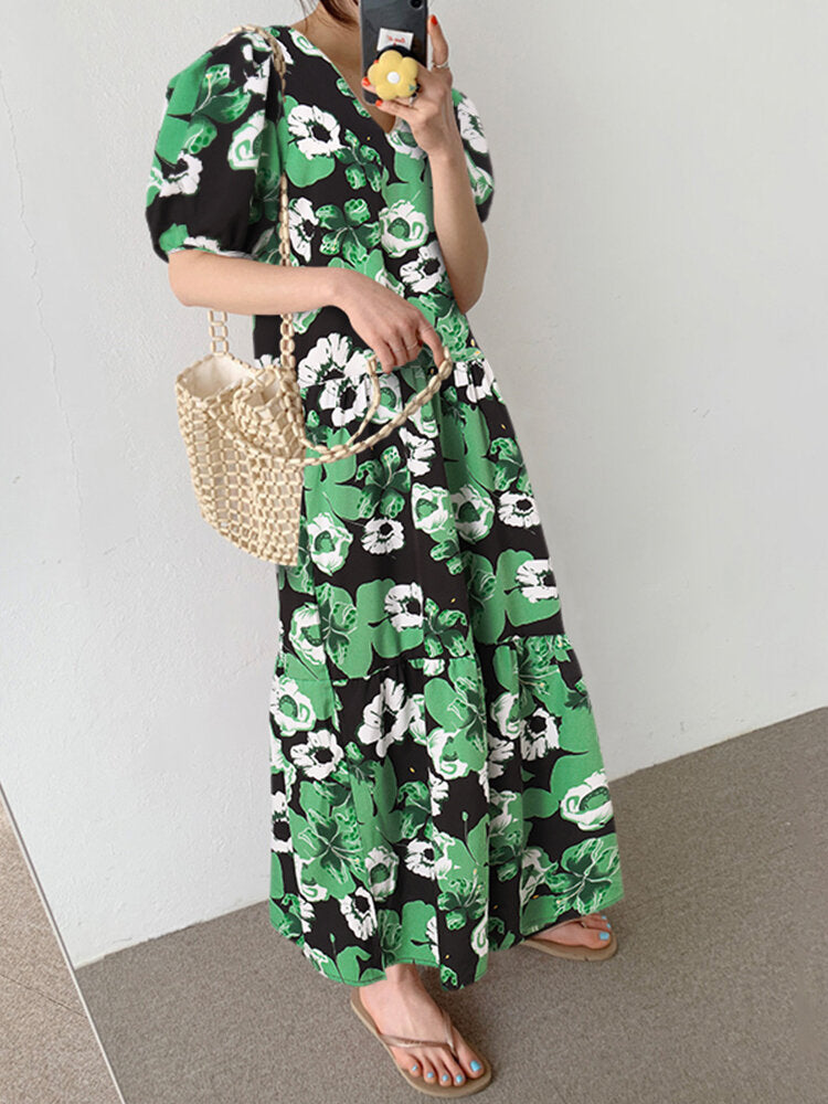 Bohemian Puff Sleeve Floral Splicing V-Neck Leisure Maxi Loose Dress For Women