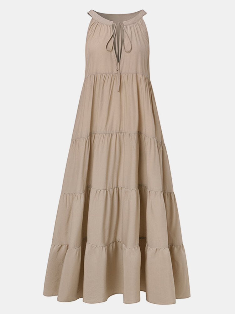 Casual Solid Sleeveless V-neck Pleated A-line Maxi Dress