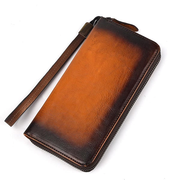 Men Genuine Leather Long Zipper Phone bag Wallet