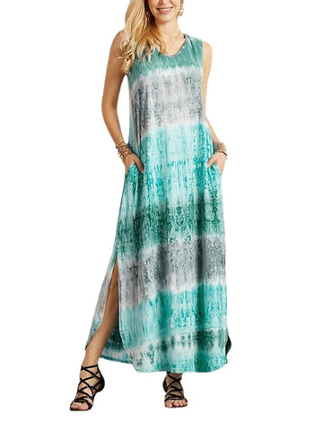 Women‘s Sleeveless Tie Dye Casual Split Comfortable Long Dress