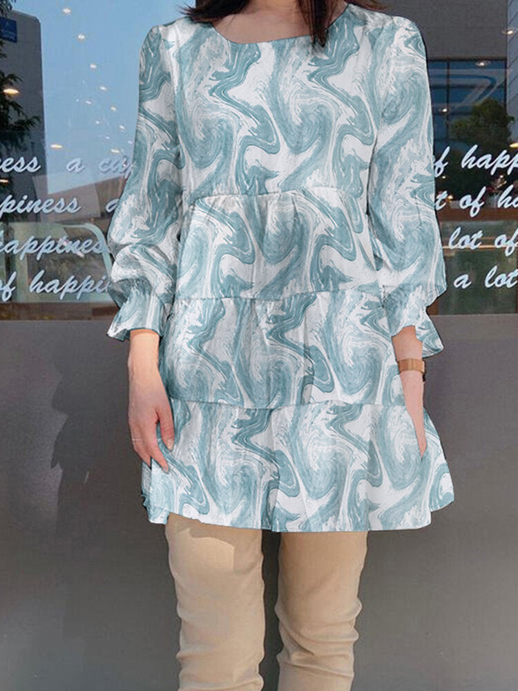 Wave Print Round Neck Ruffle Long Sleeve Blouse