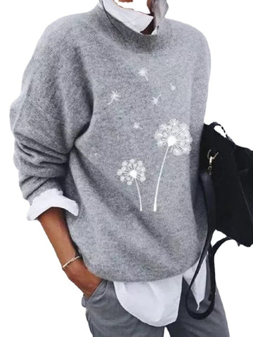 Plus Size Women Flower Print Round Neck Simple Long Sleeve Sweaters