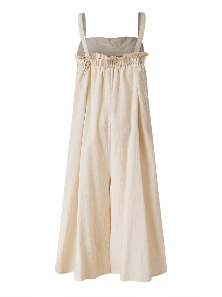 Solid Color Straps Pleated Daily Casual Jumpsuit For Women