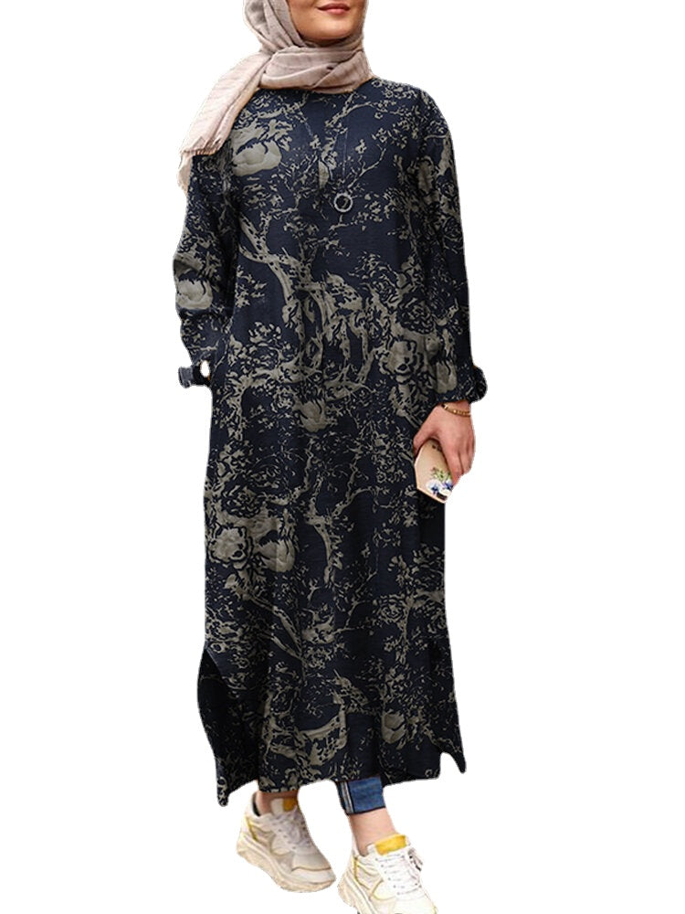 Women Cotton Ethnic Style Floral Print Loose Robe Long Sleeve Split Hem Dress