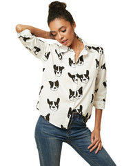 Cartoon Dog Animal Print Button Down Long Sleeve Irregular Hem Casual Blouse For Women