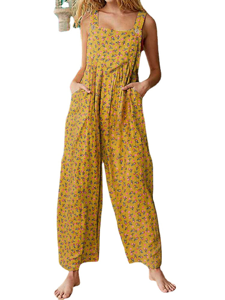 Women Vintage Ditsy Floral Print Double Pocket Casual Strappy Jumpsuits