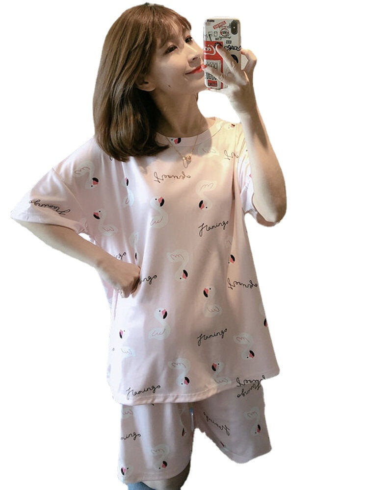 Women Funny Cartoon Animal Print Short Sleeve Two Piece Home Casual Pajama Set