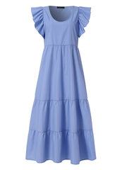 Women Solid Color Ruffles Sleeve Bohemian Casual U-Neck Layered Tiered Dress