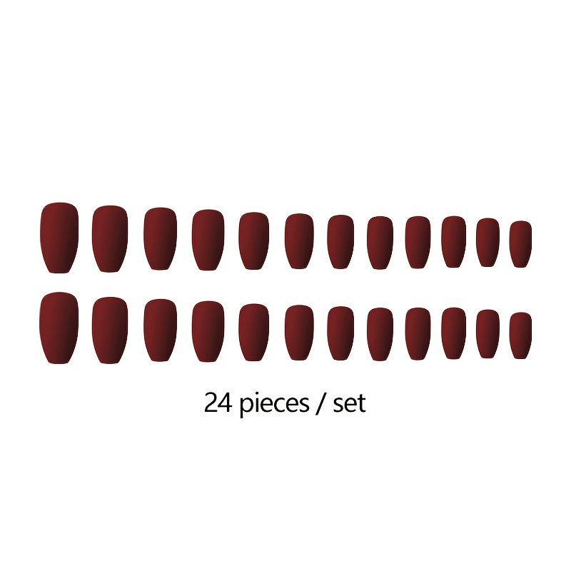 Matte Red Medium Coffin Press On Nails with Glue - 24 Pcs Reusable Full Cover Gel Fake Nails for Women