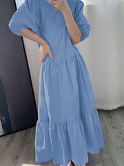 Solid Color Puff Sleeve Pleats Ruffle Hem Holiday Maxi Dress