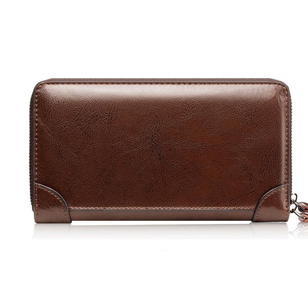 Men Oil Wax Leather Vintage Long Wallet Card Holder Phone Bag