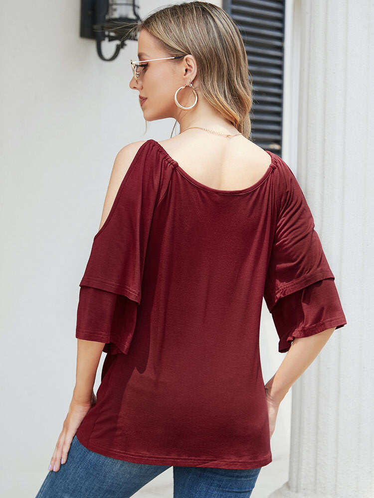 Solid Cold Shoulder Ruffle Sleeve Blouse For Women