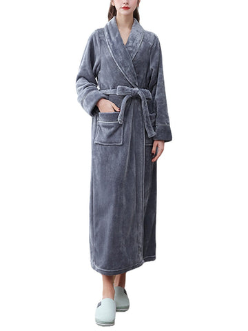 Women Cozy Flannel Long Sleeve Double Pocket Sashes Home Sleepwear Robes