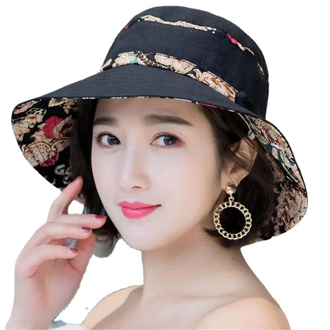 Women Summer Printed Cotton Fisherman Hat Foldable Sunshade Wide Brim Bucket Hat