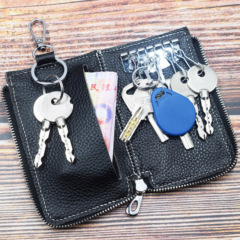 Men And Women Retro Genuine Leather Multi-function 6 Key Holder Purse Solid Card