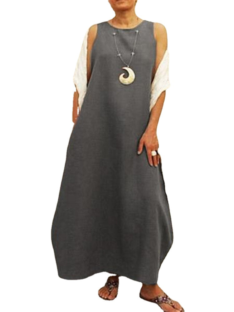 Solid Color Sleeveless O-neck Women Casual Long Maxi Dress