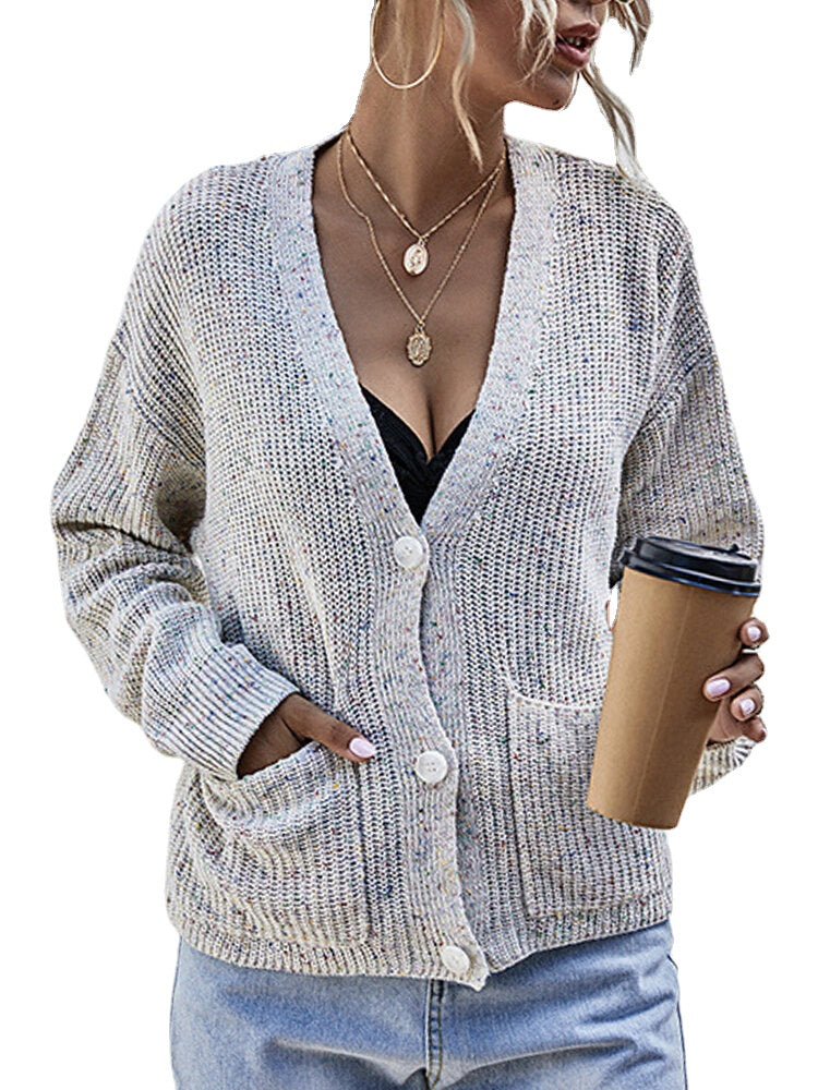 Women Solid V-Neck Button Up Knitted Casual Double Pockets Cardigan Sweater