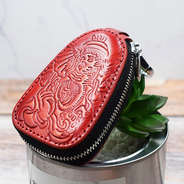 Men And Women Genuine Leather Leisure Retro Embossed Waist Hanging Key Bag Coin Holder