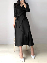 Solid Cross Front Tie Pleated Long Sleeve Lapel Shirt Dress