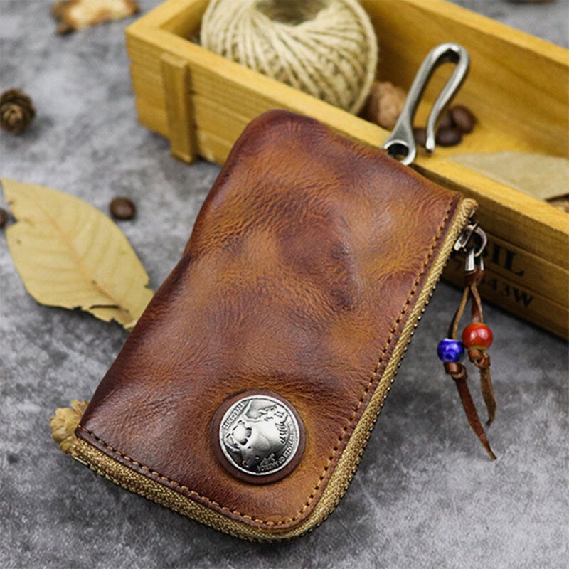 Men Vegetable Tanned Leather Metal Label Keychain Wallet Washed Retro Zipper Card Holder With Hook
