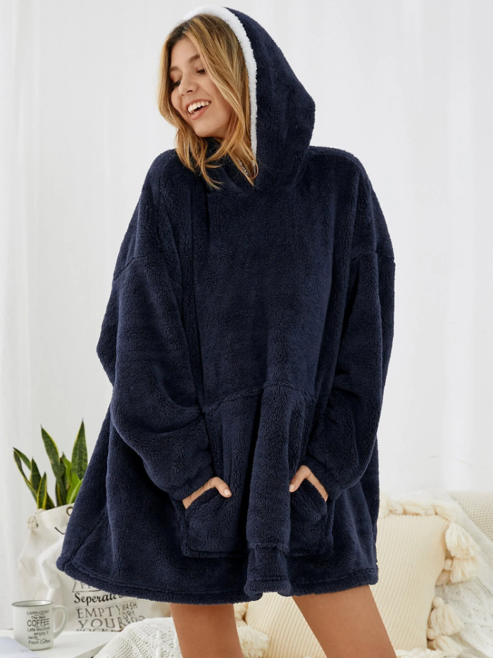 Women Solid Color Fleece Lined Thick Loose Warm Home Blanket Hoodie