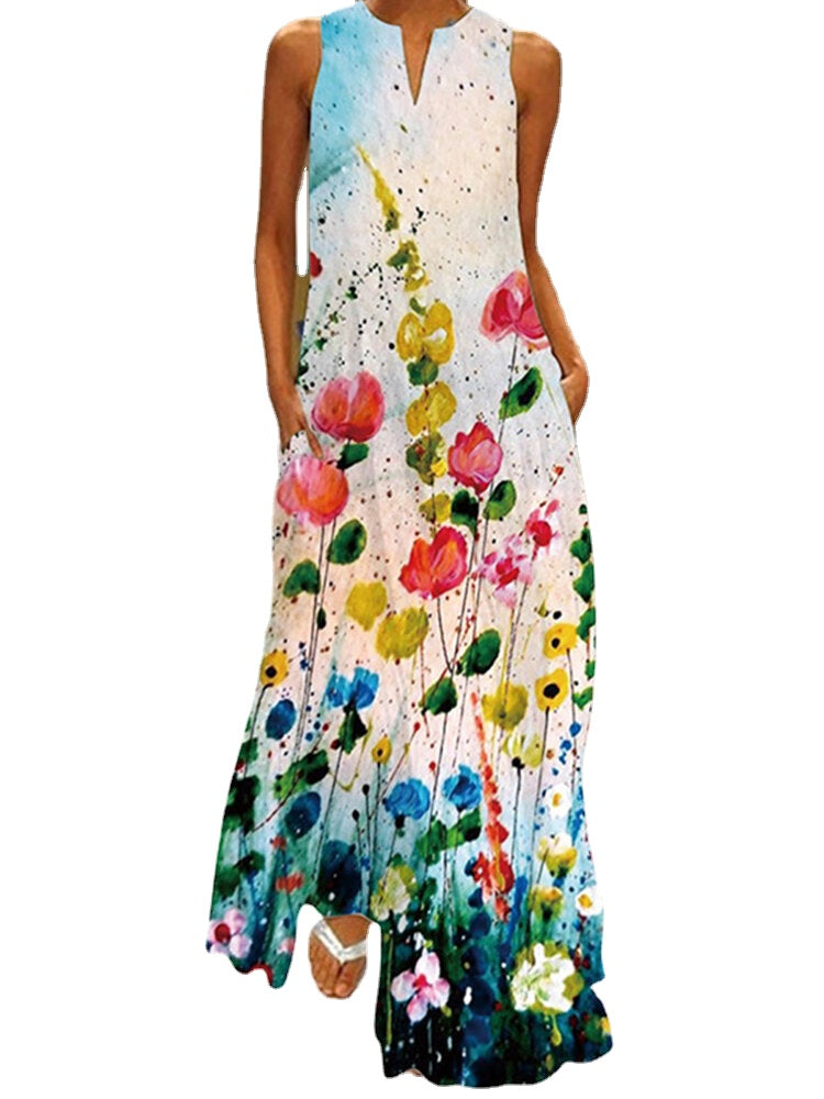 Flower Print Pocket Half Open Collar Sleeveless Maxi Dress