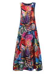 Women Retro O-neck Floral Print Sleeveless Maxi Dress