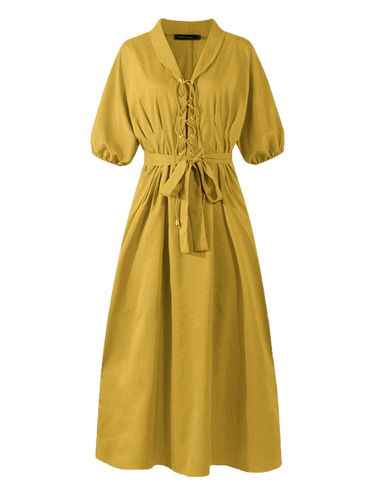 Women Casual Lapel Corn-strap Lantern Sleeve Mustard Yellow Maxi Dress