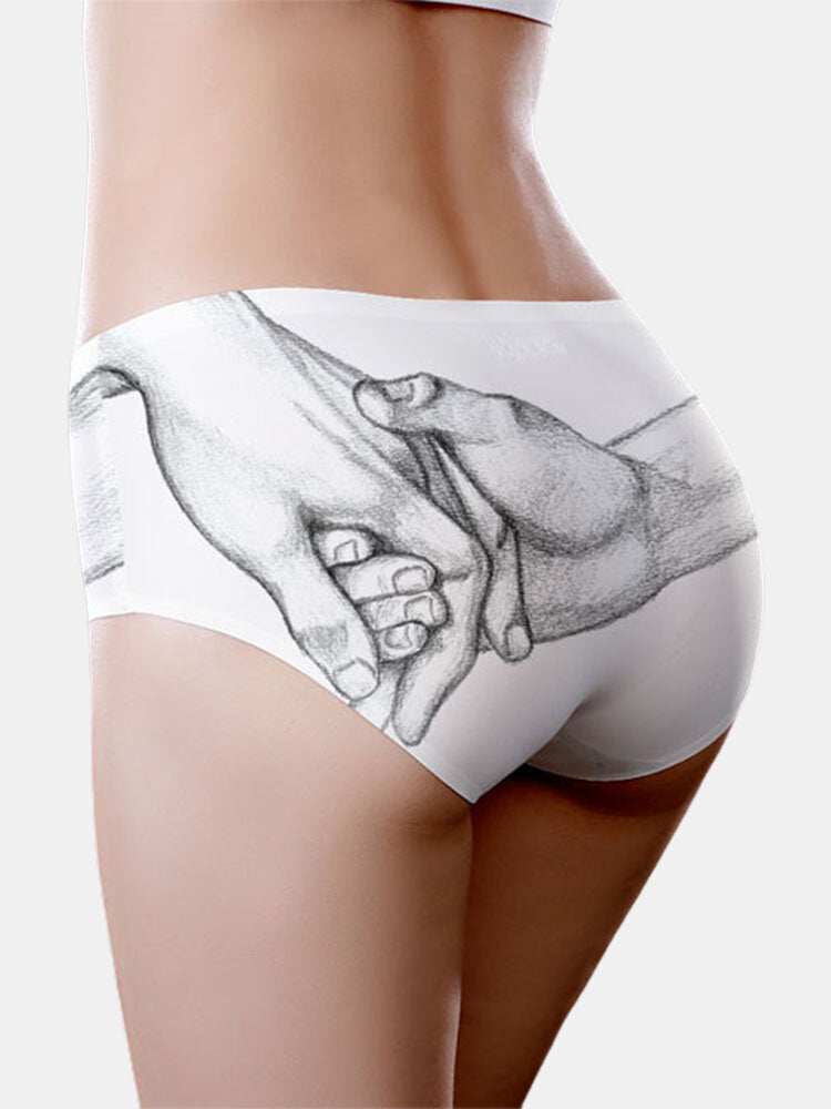 Women Cotton Breathable Hold Hands Print Full Hip Mid Waist Panty