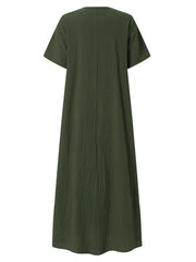 Casual Solid Crew Neck Short Sleeve Button Bohemia Maxi Dress