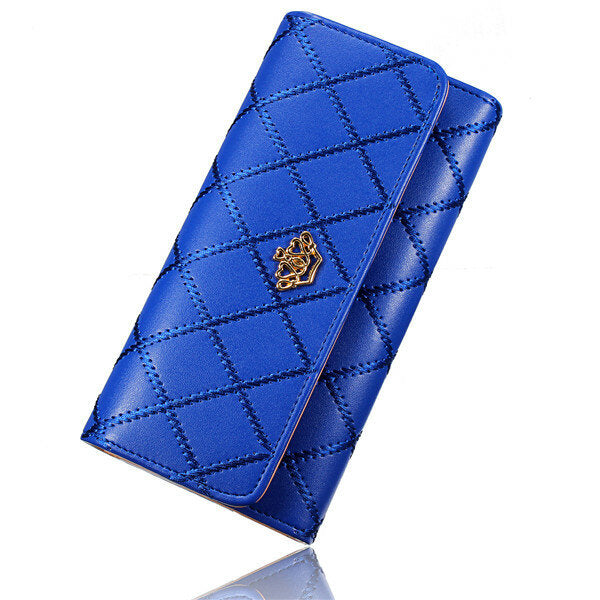 Women Quilted Crown Long Wallet Girls Candy Color Purse Card Holder Coin Bags
