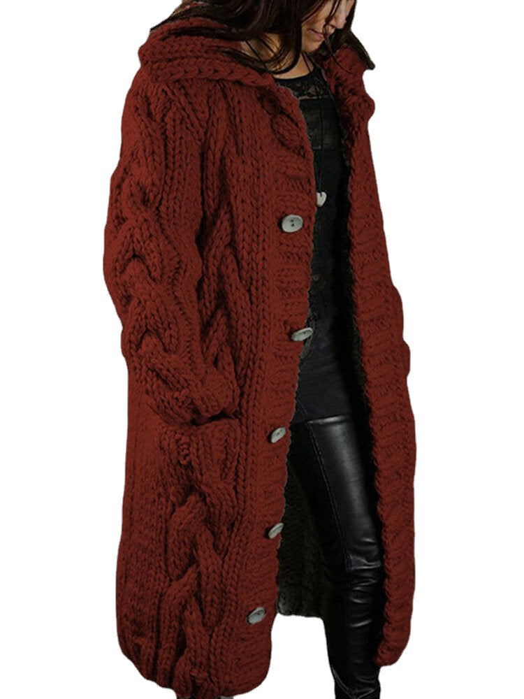 Women Solid Color Jacquard Knitted Mid-Length Hooded Cardigan With Pocket