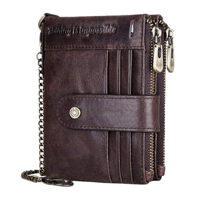 Men Genuine Leather Chain Wallet RFID Double ZIpper Anti-theft Multi-card Slot Card Holder