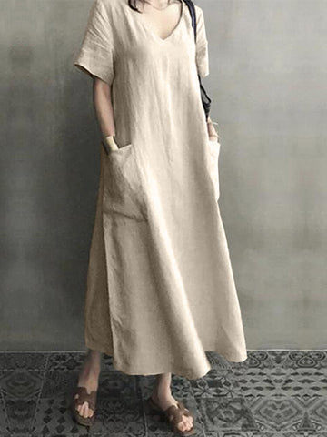 100% Cotton Short Sleeve V-neck Side Pocket Solid Dress