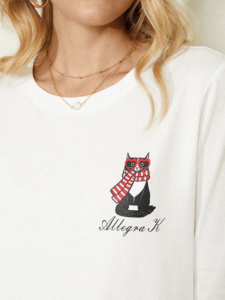 Women Cartoon Cat Letter Print Round Neck Casual Long Sleeve Blouses