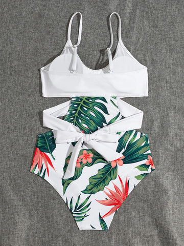 Tropical Plant Print Crisscross Cut Out Strappy One Piece Hawaii Style Women Swimwear
