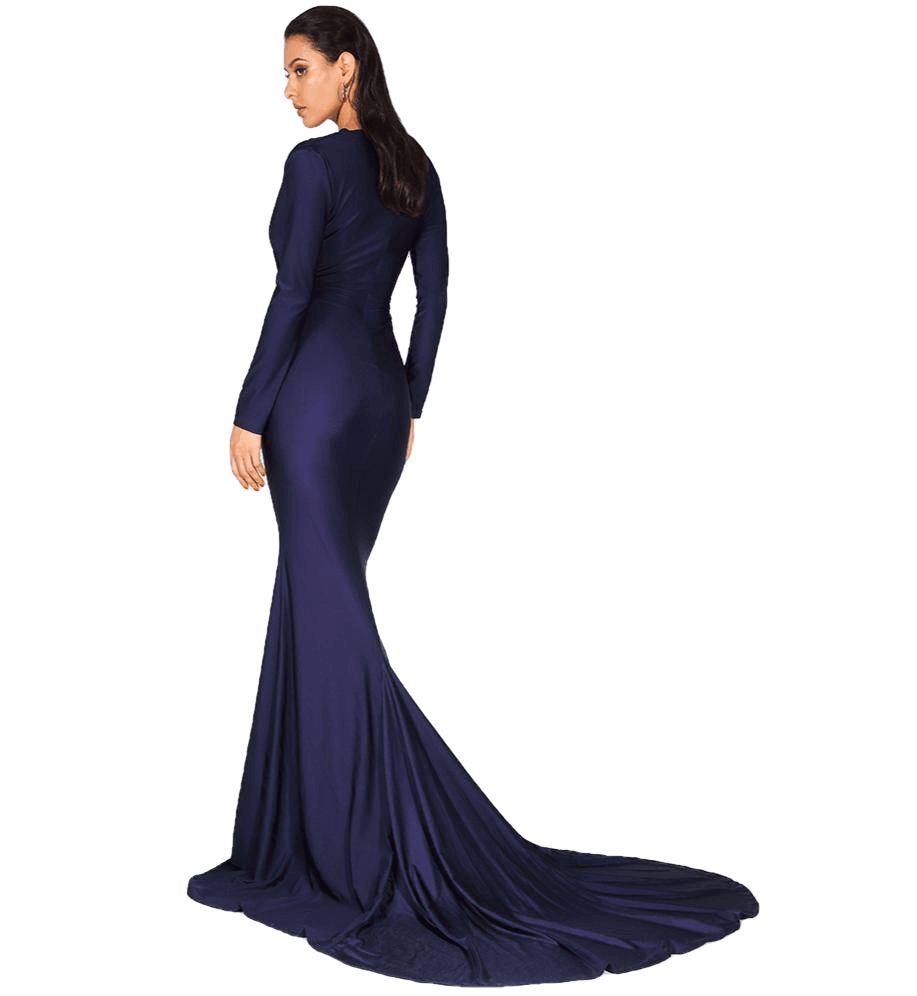 Love&Lemonade  Sexy NAVY Deep V-Neck Slim Fit Elastic Fabric Trai Ling Dress LM81535 NAVY